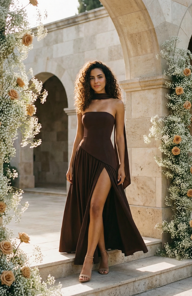 Jiselle - Brown Tight High Split Maxi Dress