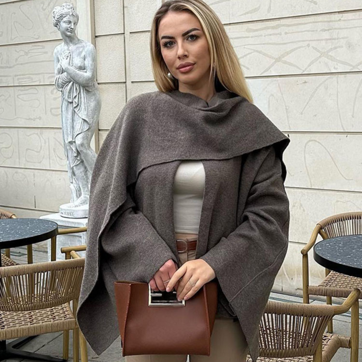 Hyndia - Dark Tan Asymmetric Coat With Scarf Detail