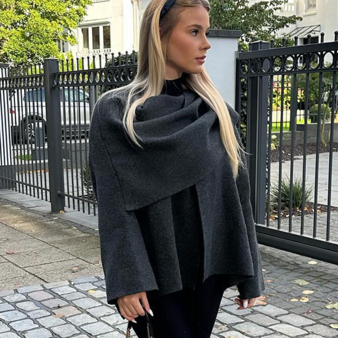 Hyndia - Dark Tan Asymmetric Coat With Scarf Detail