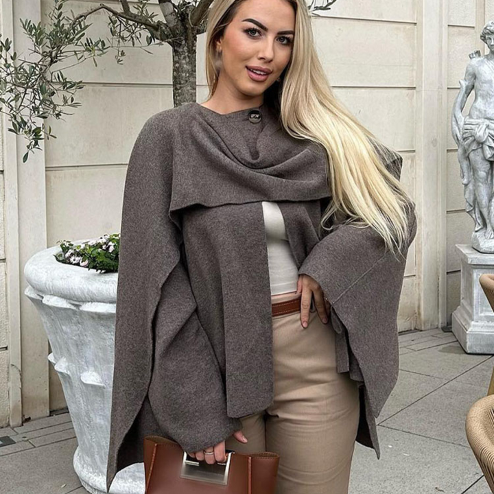 Hyndia - Dark Tan Asymmetric Coat With Scarf Detail