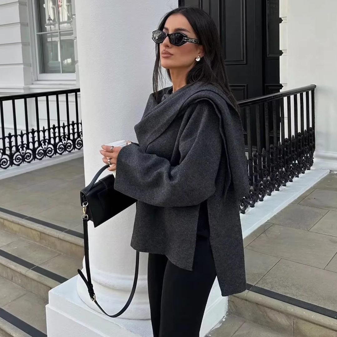 Hyndia - Dark Tan Asymmetric Coat With Scarf Detail