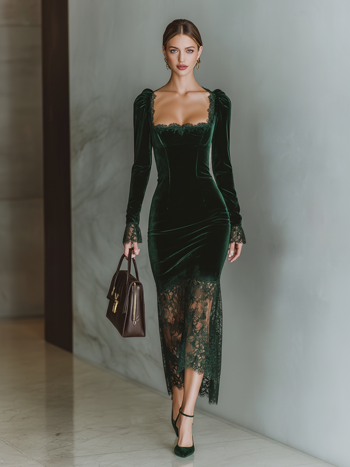 Mave | Velvet Lace Fitted Maxi Dress