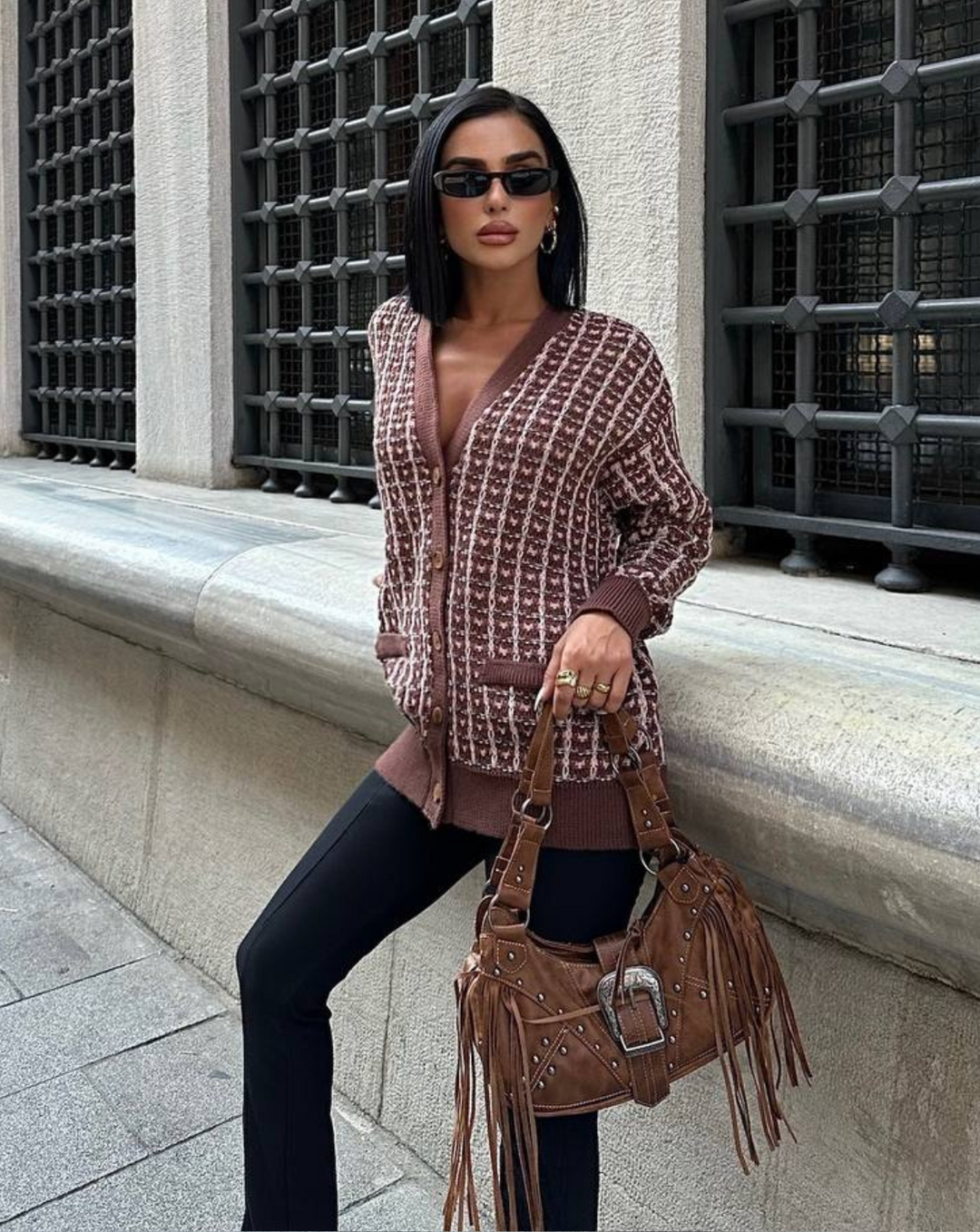 Ivory - Brown Knitted Cardigan