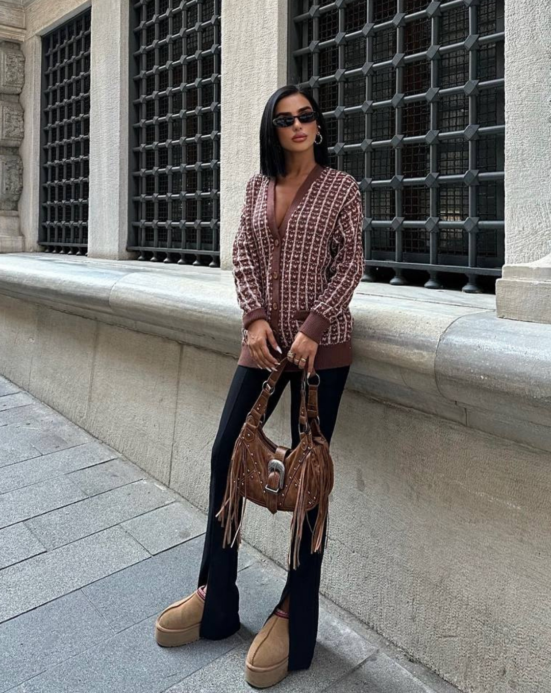 Ivory - Brown Knitted Cardigan