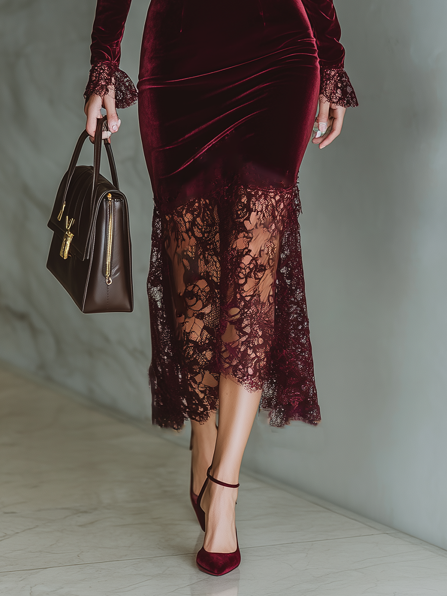 Mave | Velvet Lace Fitted Maxi Dress