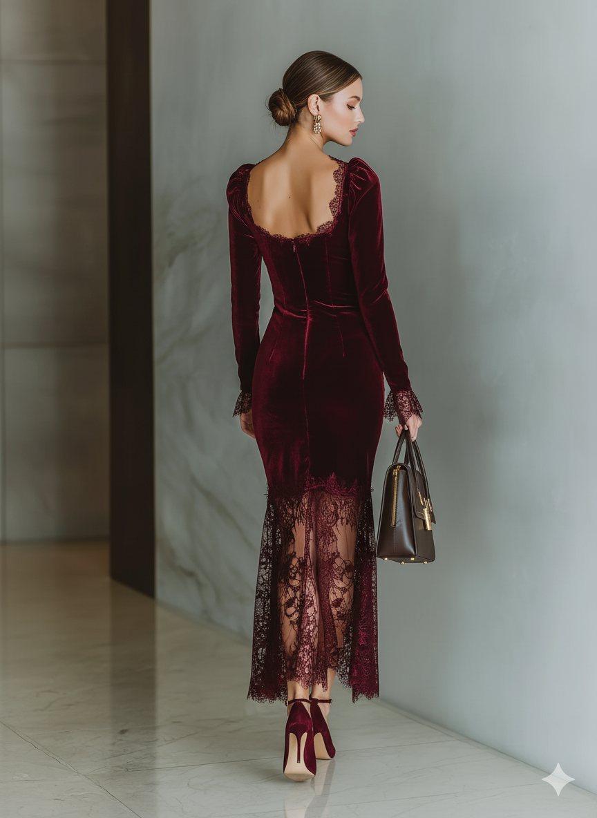 Mave | Velvet Lace Fitted Maxi Dress