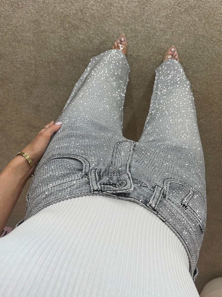 Elisa - Gray High Waisted Diamond Straight Jeans