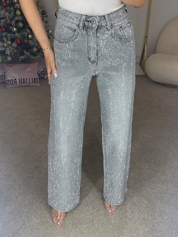 Elisa - Gray High Waisted Diamond Straight Jeans