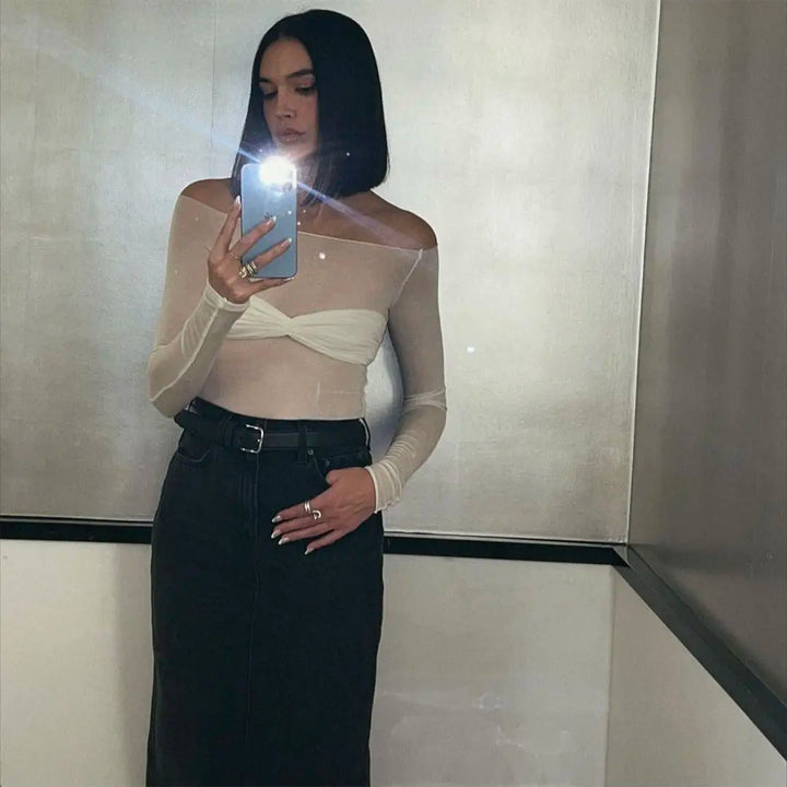 Adrienna - Camel Sheer Mesh Top