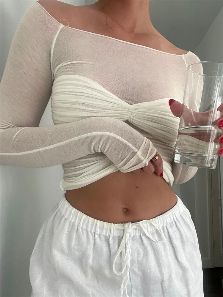 Adrienna - Camel Sheer Mesh Top