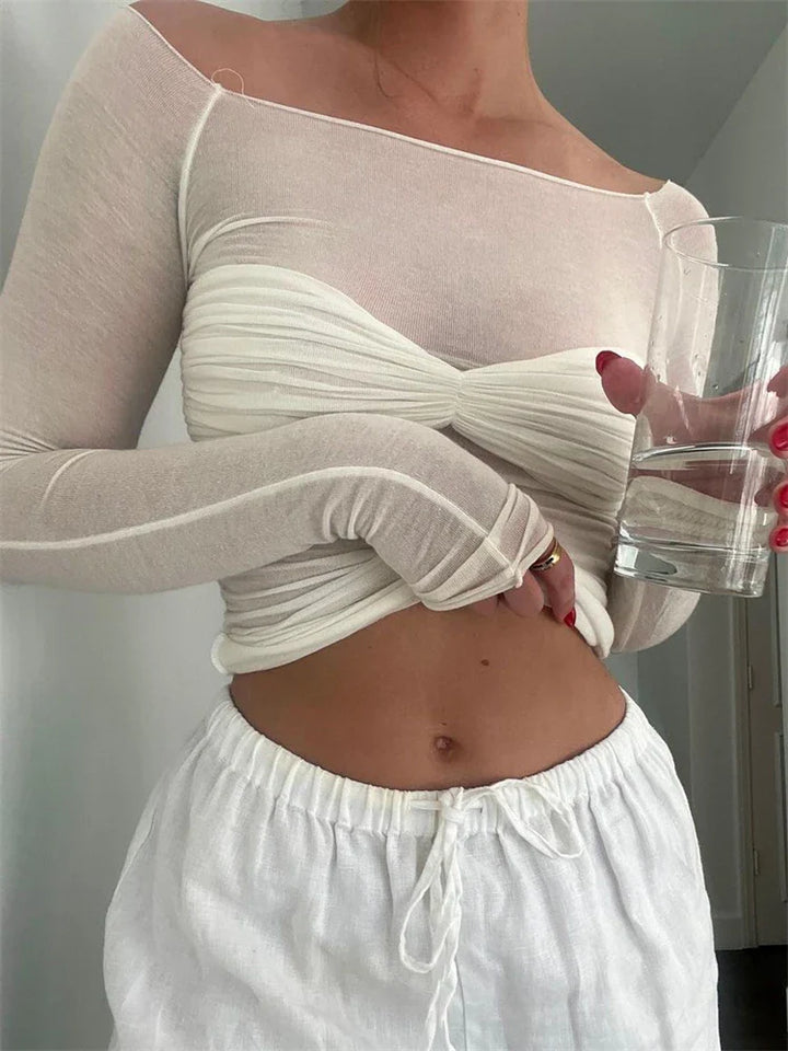 Adrienna - Camel Sheer Mesh Top