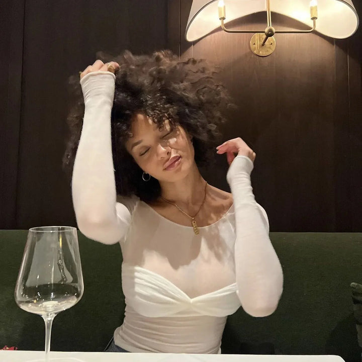 Adrienna - Camel Sheer Mesh Top