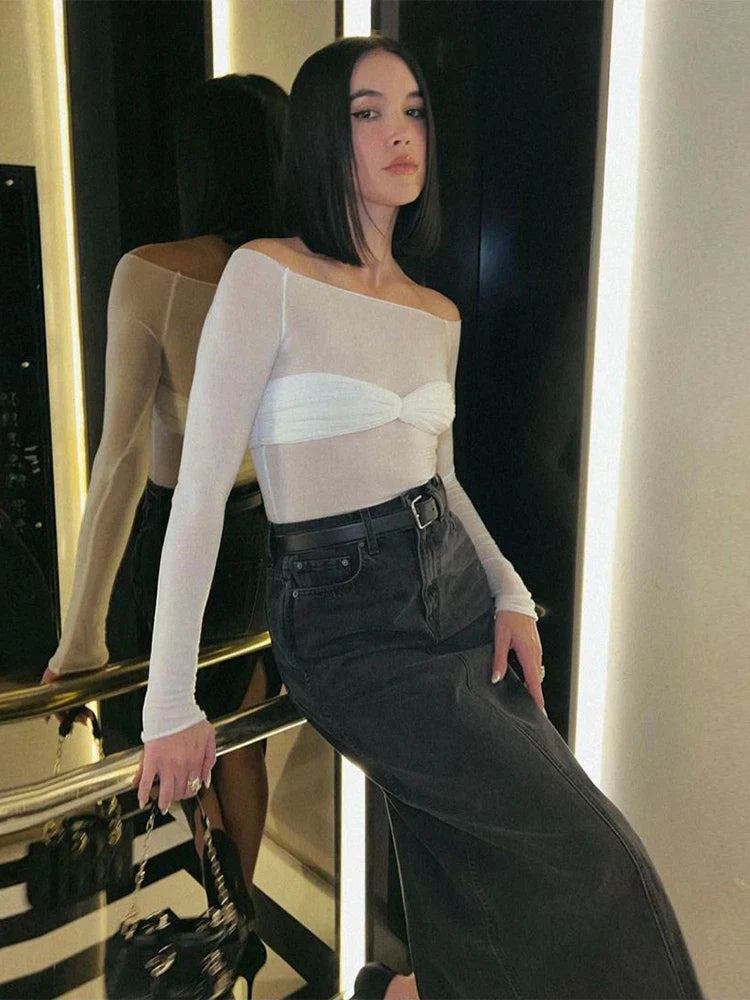 Adrienna - Camel Sheer Mesh Top