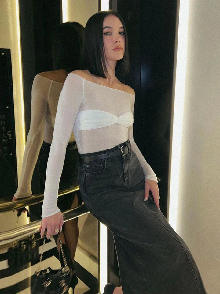 Adrienna - Camel Sheer Mesh Top
