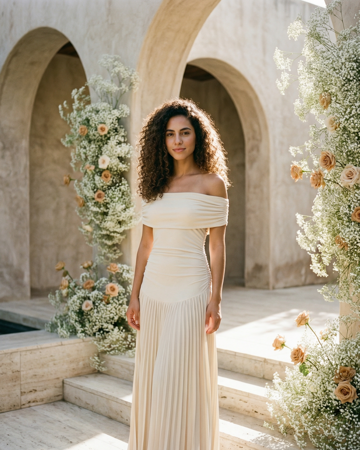 Kamara | Off Shoulder Pleated Maxi Dress