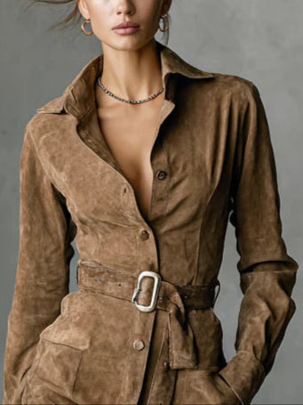 Alba | Suede Belted Midi Dress