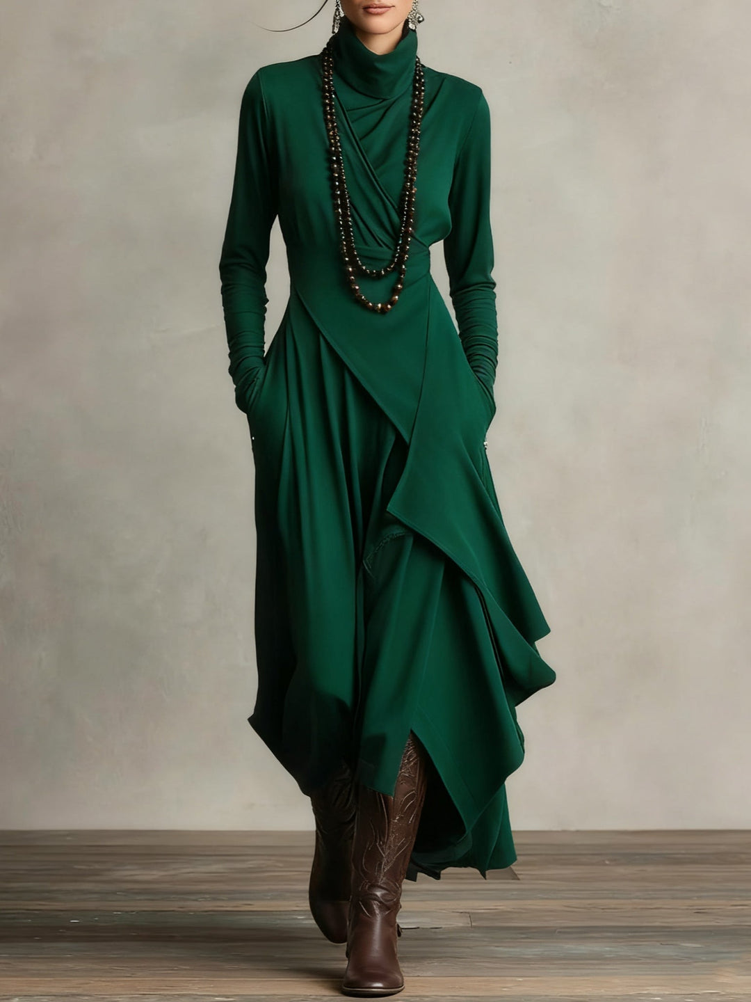 Aria | Turtleneck Asymmetrical Draped Maxi Dress