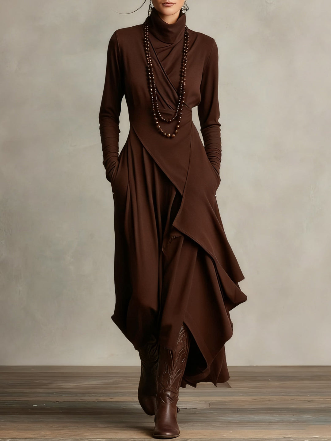 Aria | Turtleneck Asymmetrical Draped Maxi Dress