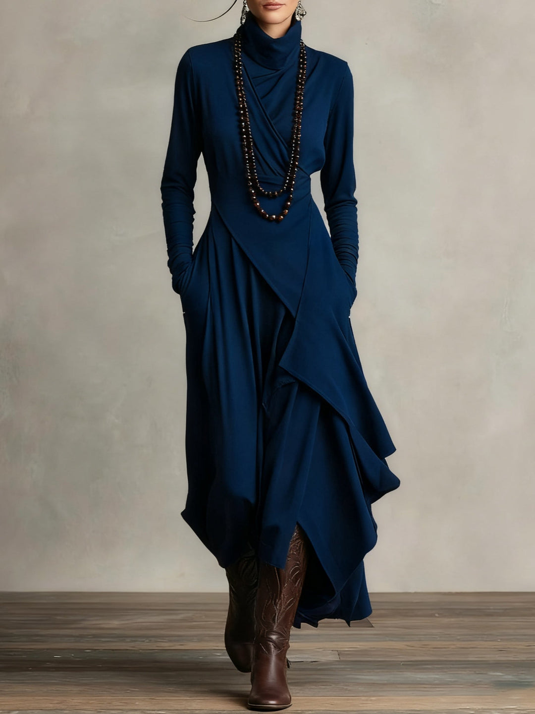 Aria | Turtleneck Asymmetrical Draped Maxi Dress