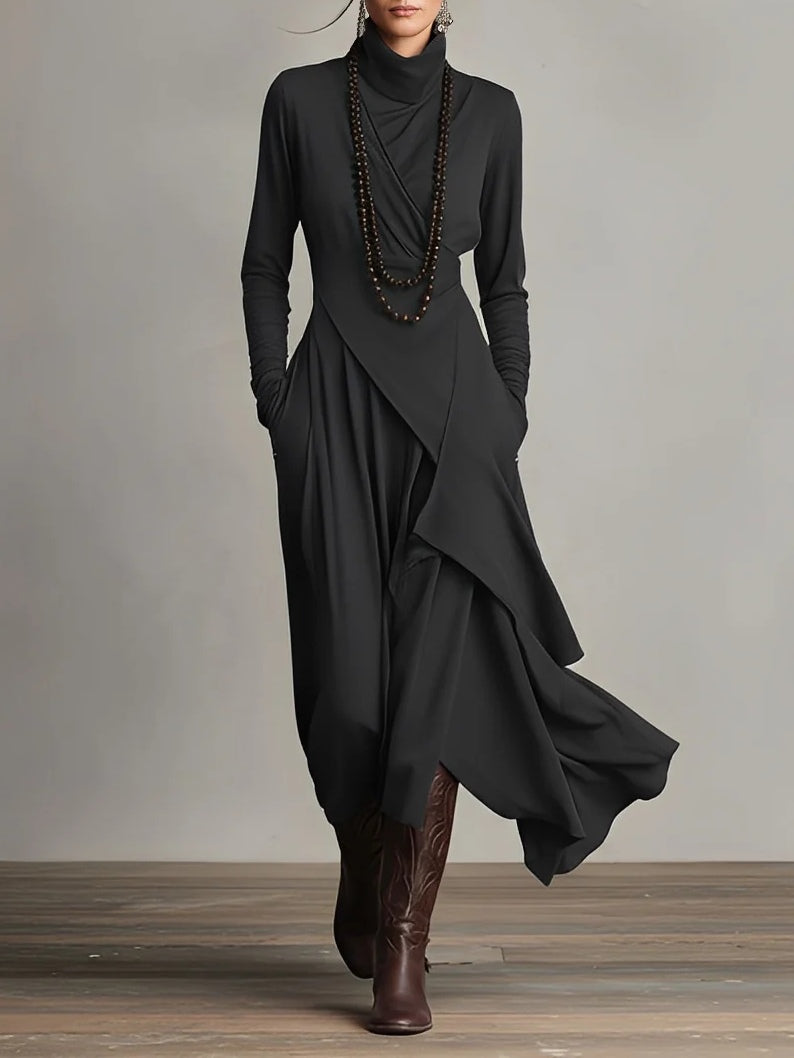 Aria | Turtleneck Asymmetrical Draped Maxi Dress