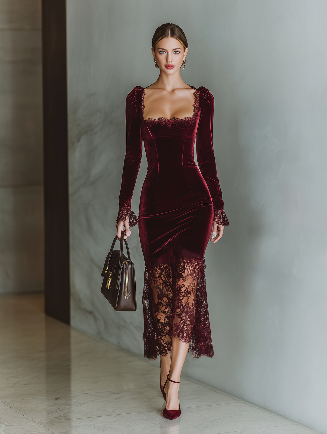 Mave | Velvet Lace Fitted Maxi Dress