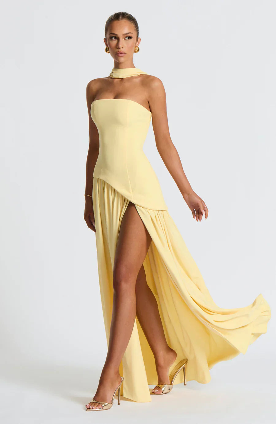 Jiselle - Yellow Tight High Split Maxi Dress